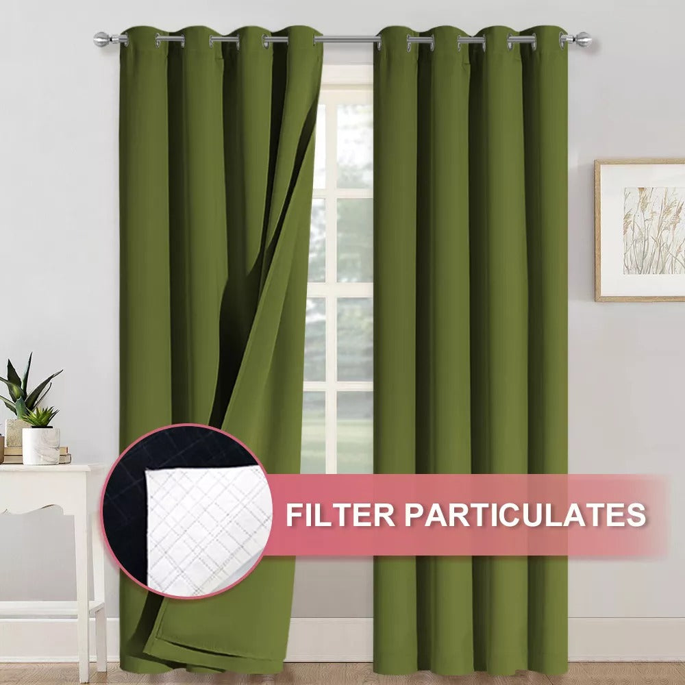Olive green 4-layer blackout curtains with silver grommets. Magnified view shows anti-dust soundproof filter fabric.
