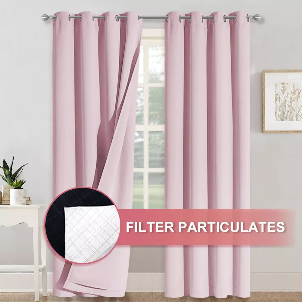 Pink 4-layer silver grommet blackout curtains with anti-dust particulate filter detail for living room & bedroom soundproofing.