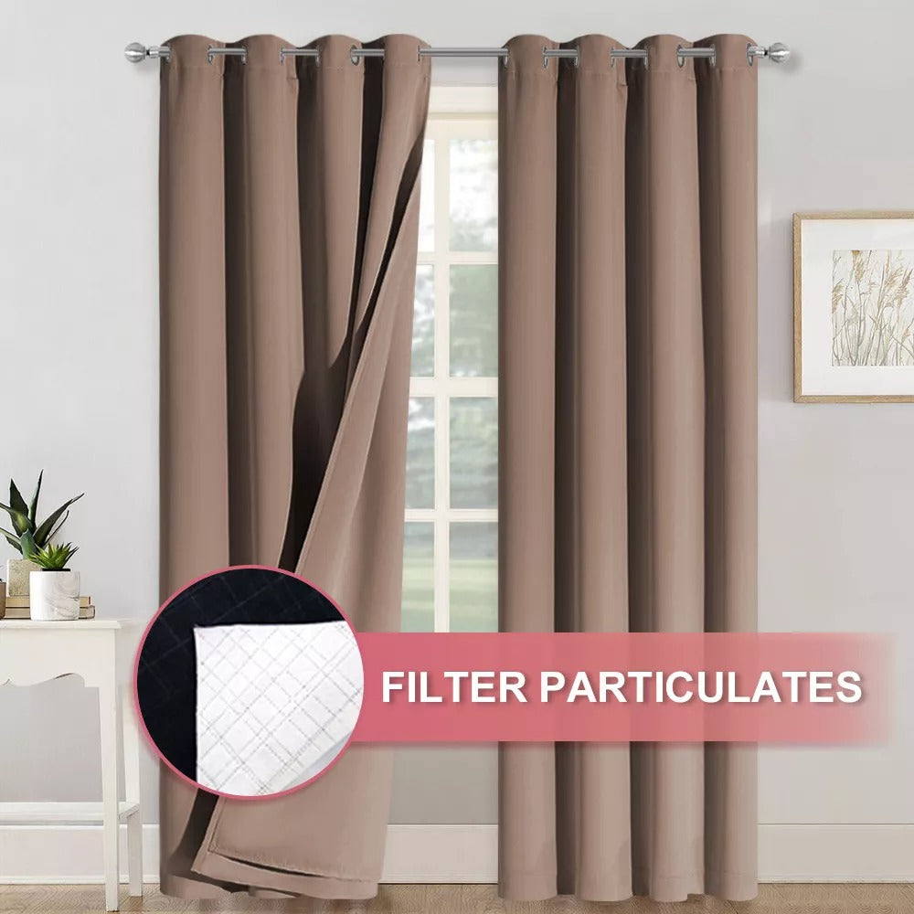 4-layer brown blackout curtains with silver grommets, one panel pulled back showing dust-filtering fabric for soundproof bedroom/living room.