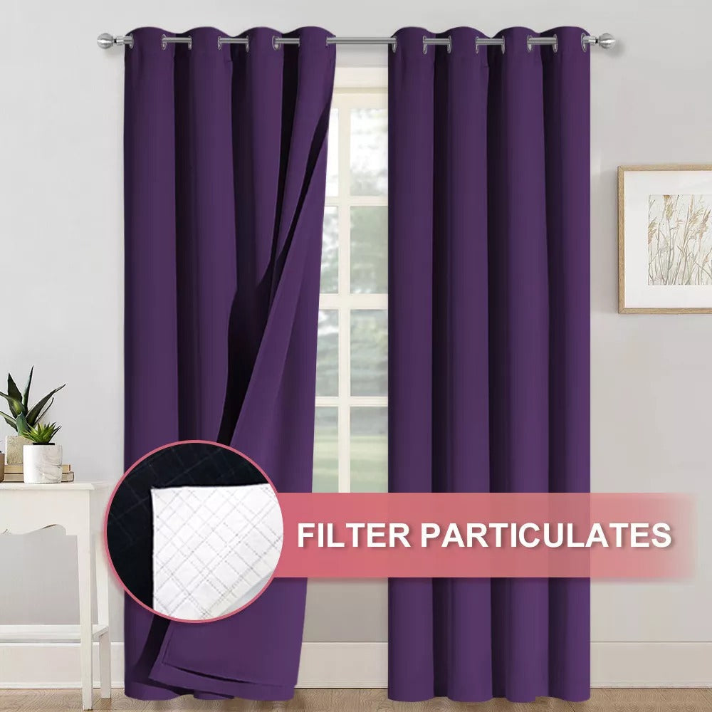 Purple 4-layer silver grommet blackout curtains, detailed view of inner layers showcasing anti-dust particulate filtration.