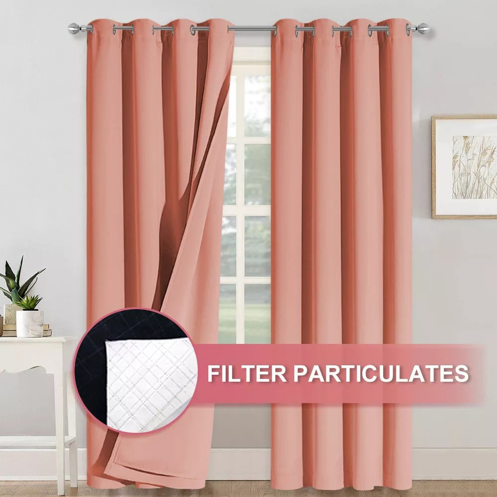 Peach 4-layer anti-dust blackout curtains with silver grommets; one panel reveals the soundproof fabric and particulate filter.