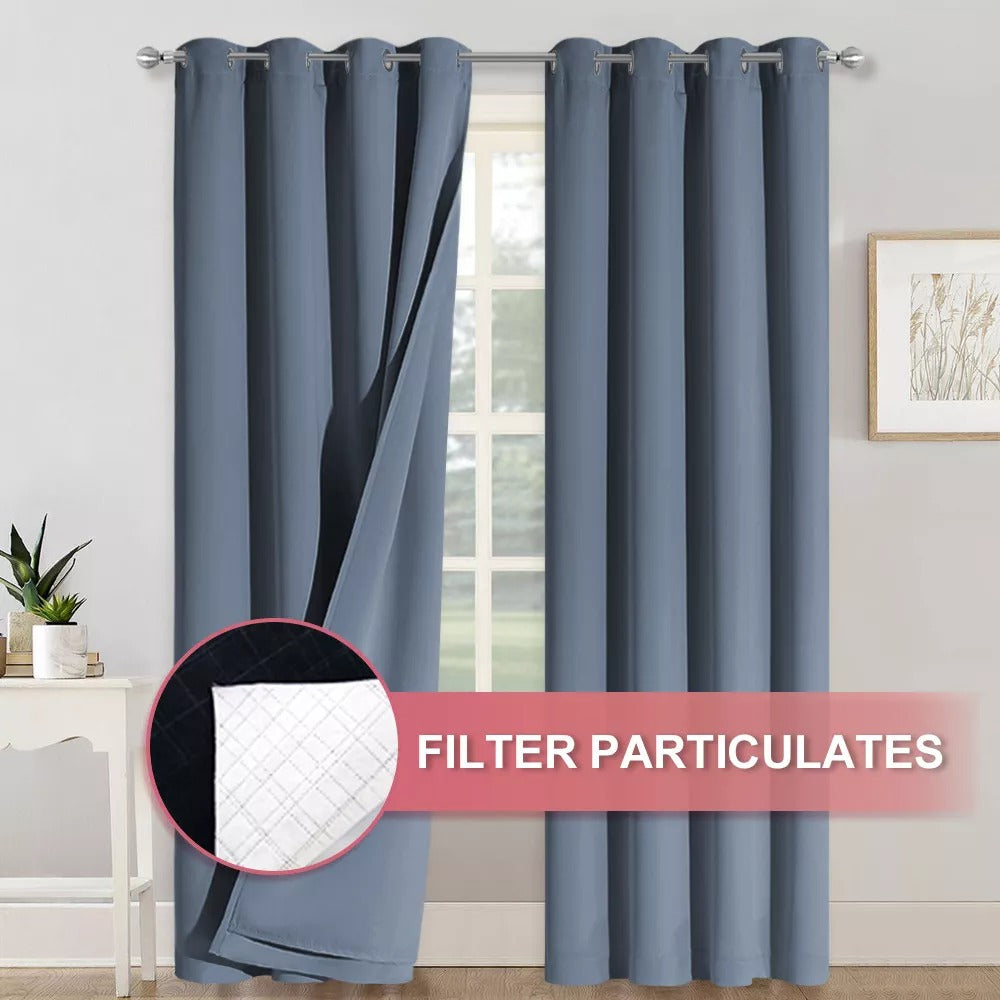 Slate blue 4-layer anti-dust blackout curtains with silver grommets; close-up shows the particulate filter layer.