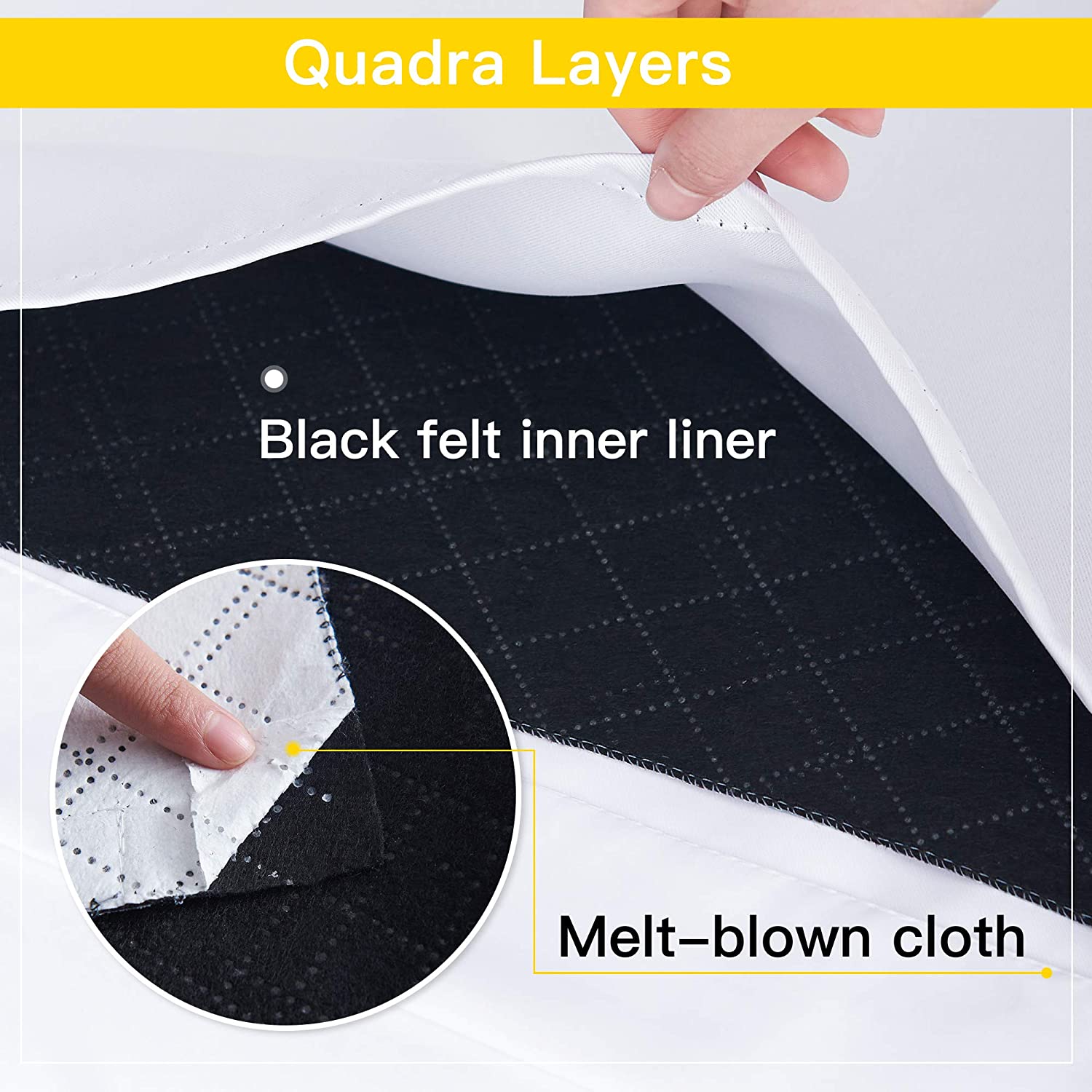Close-up of 4-layer blackout curtain: white fabric, black felt inner liner, & melt-blown cloth for soundproof and anti-dust.