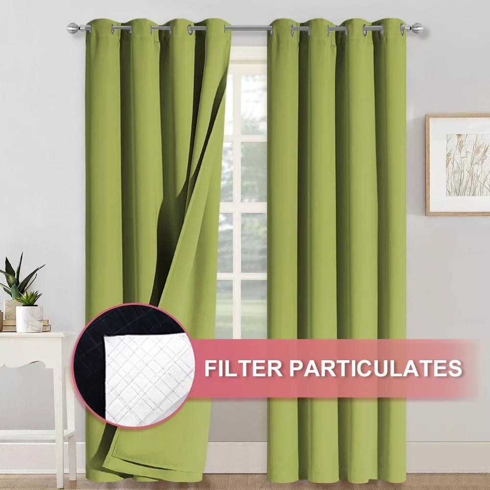 Green 4-layer silver grommet blackout curtains, one panel displaying anti-dust filtration. Ideal for soundproof living room & bedroom.