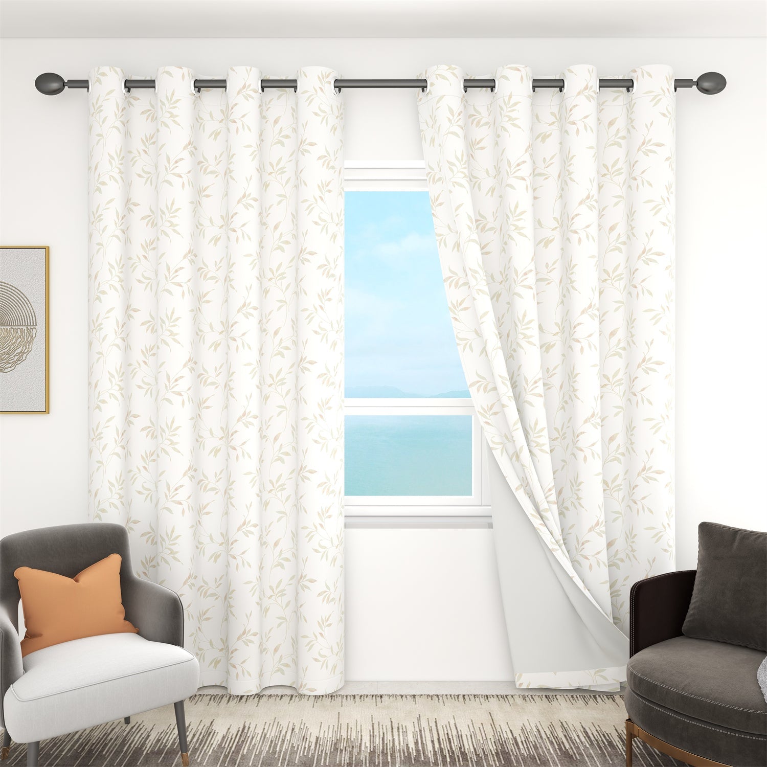 Silver Grommet Blackout White Leaves Curtains For Living Room And Bedroom 2 Panels KGORGE Store