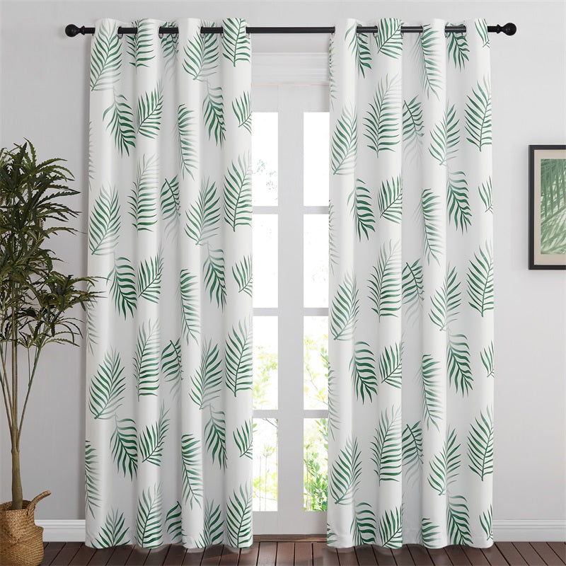 Silver Grommet Blackout White Leaves Curtains For Living Room And Bedroom 2 Panels KGORGE Store