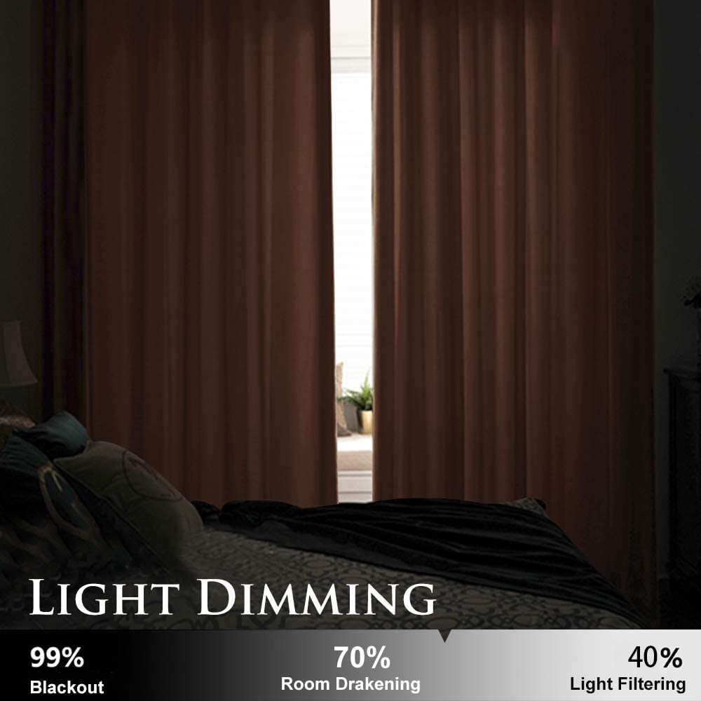 Dark brown velvet blackout curtains with silver grommets, slightly parted, showing significant light dimming in a bedroom.
