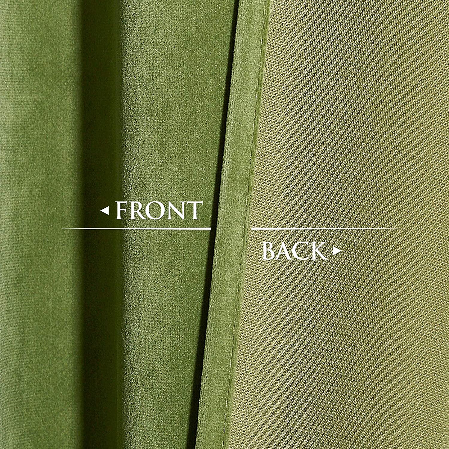 Close-up of olive green velvet blackout curtain, showing plush front fabric texture and tightly woven back lining.