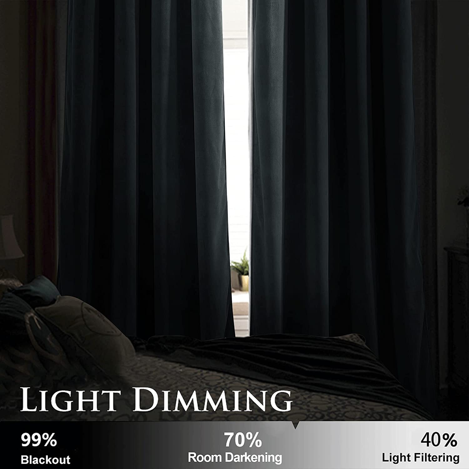 Two dark velvet blackout curtains with silver grommets fully closed, dimming a bedroom for 99% light blockage.