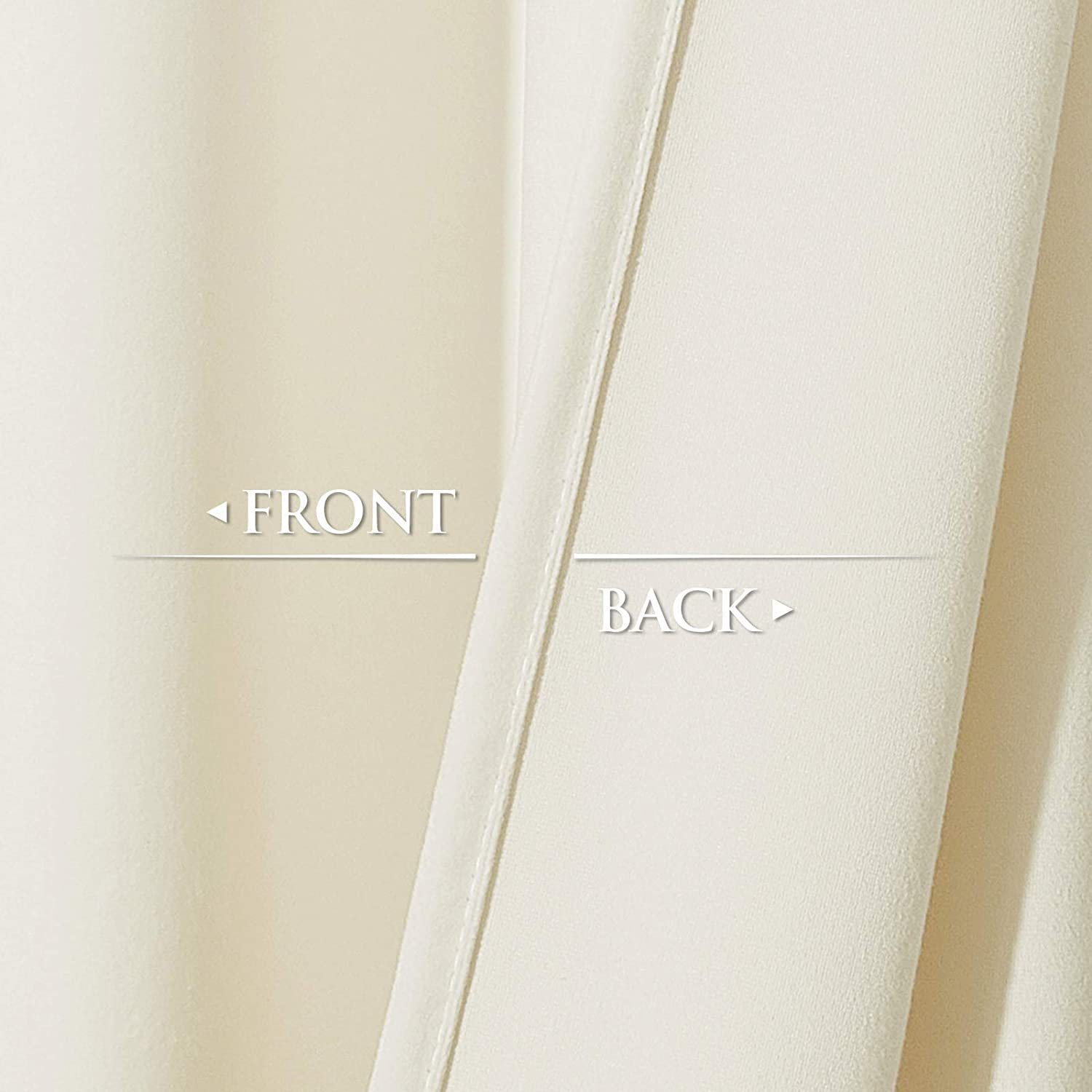 Close-up of cream velvet blackout curtain fabric, highlighting the soft textured front and smooth back for bedroom and living room.