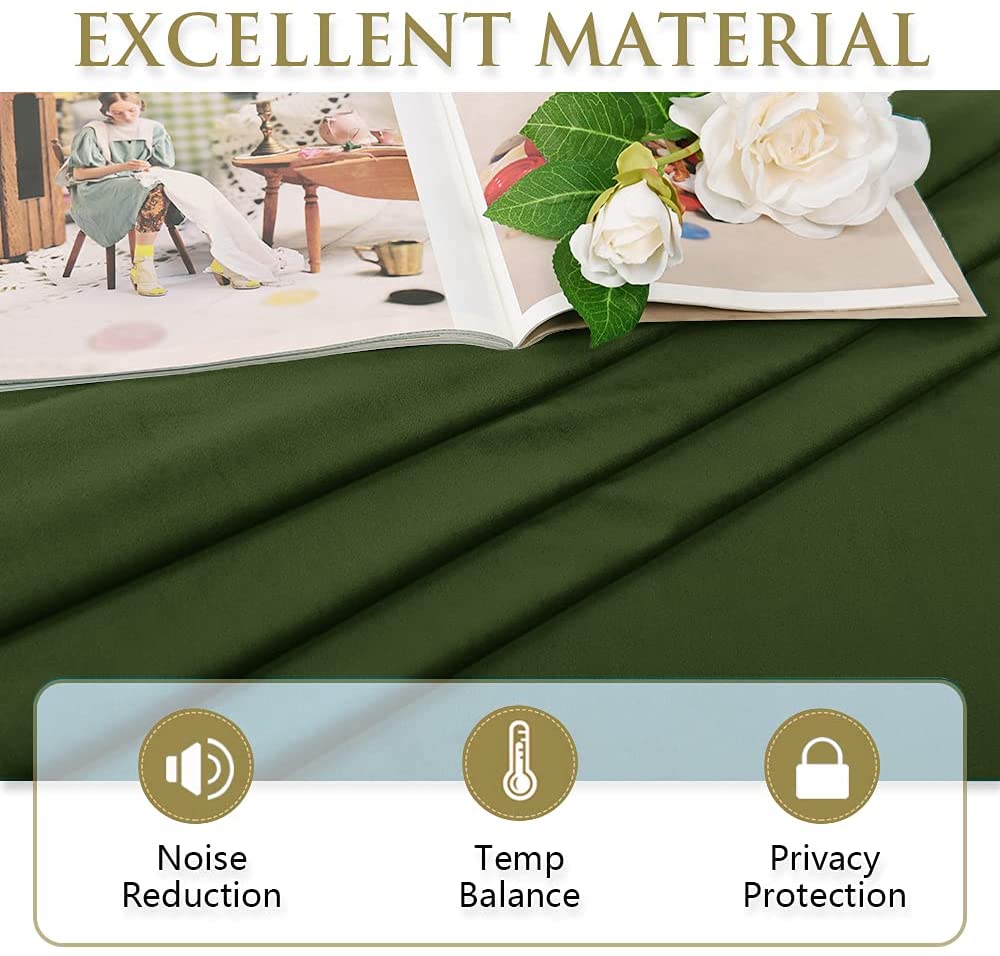 Folded dark green velvet blackout fabric. Features include noise reduction, temperature balance, and privacy.