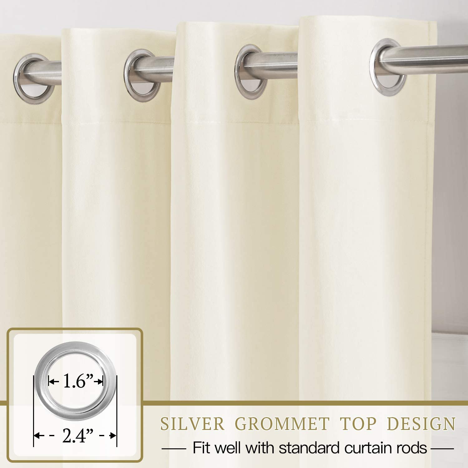 Close-up of cream velvet blackout curtains with silver grommet top design, hanging on a rod, perfect for living room & bedroom shade.
