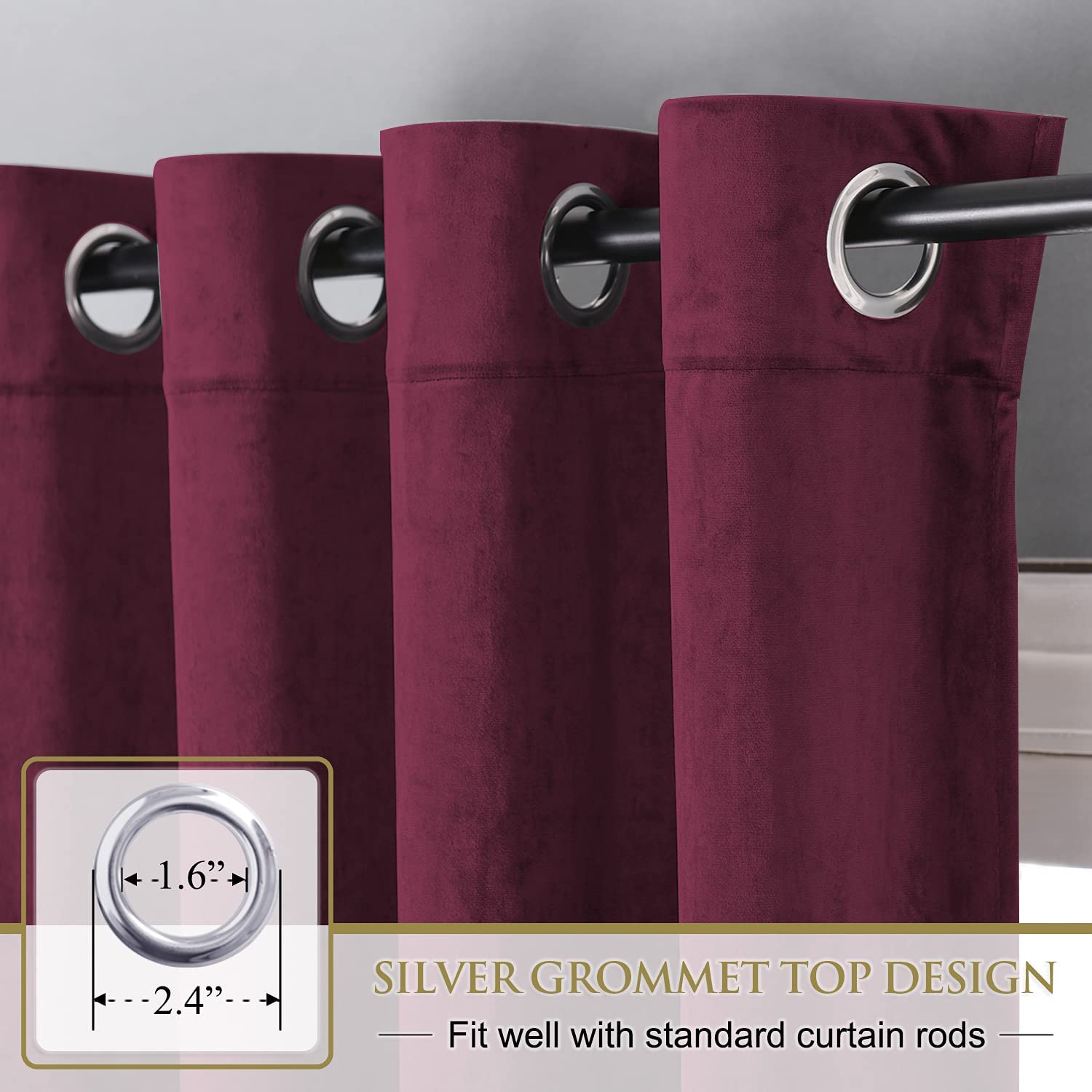 Detailed view of deep maroon velvet blackout curtains featuring silver grommet tops on a rod, ideal for living room or bedroom.