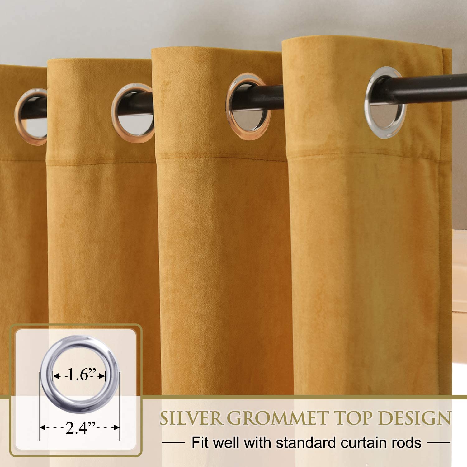 Close-up of rich gold velvet blackout curtains with silver grommets on a rod, highlighting the durable grommet top design.