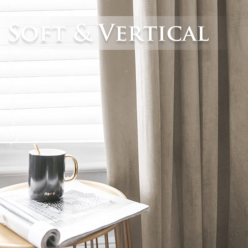 Soft beige velvet blackout curtain panel with elegant vertical folds, offering luxurious light blocking for living room & bedroom.