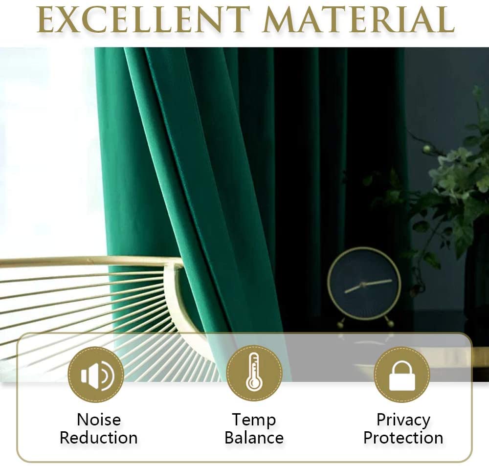 Luxurious emerald green velvet blackout curtain fabric for living room/bedroom, highlighting noise reduction, temp balance, and privacy benefits.