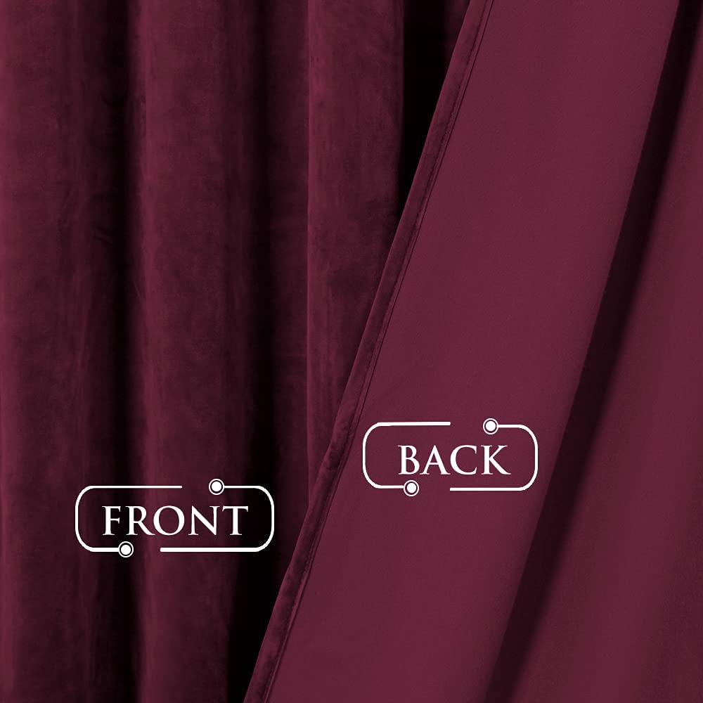 Front and back view of a plush burgundy velvet blackout curtain, highlighting soft texture and smooth light-blocking lining for privacy.