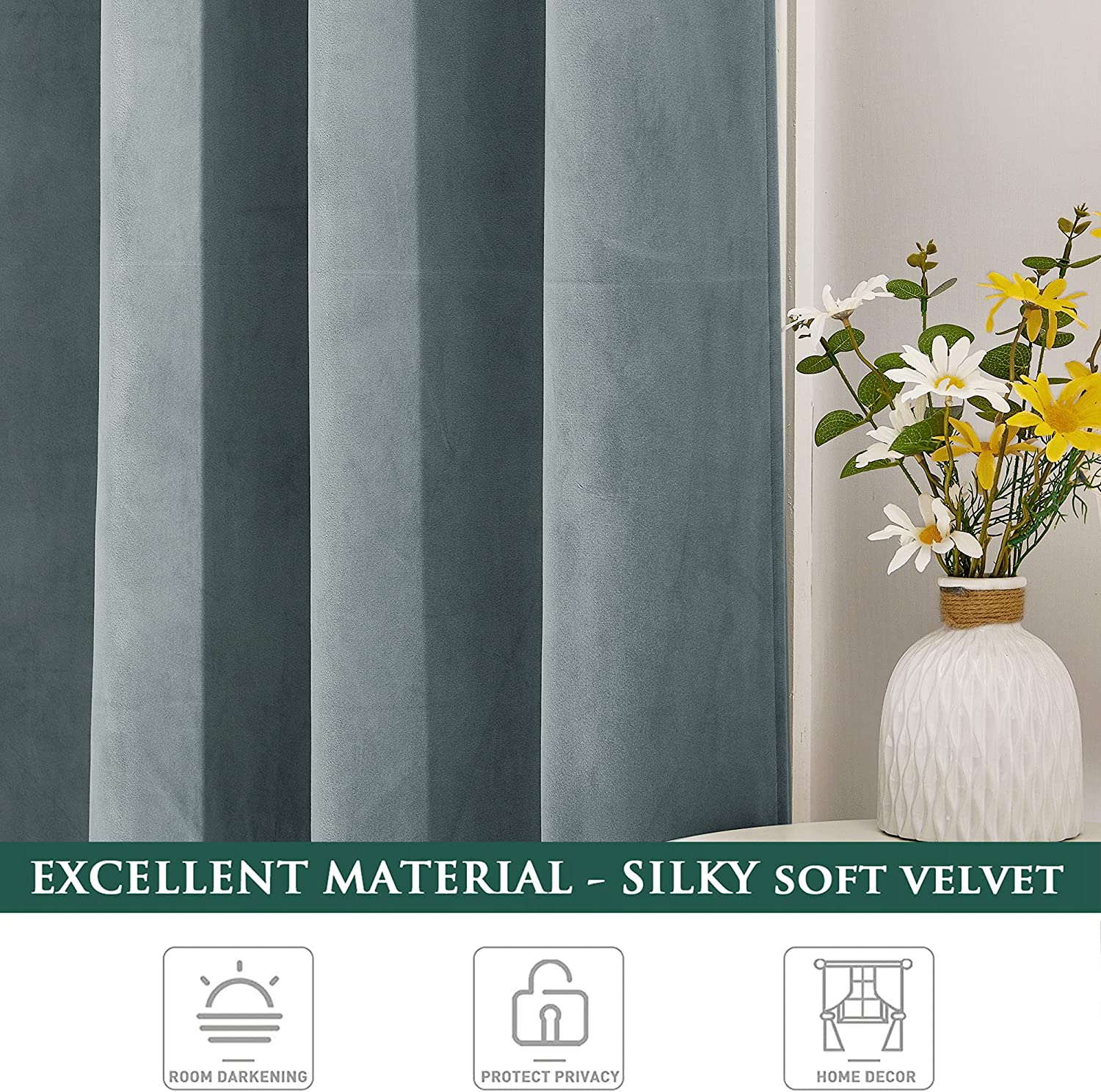 Silky soft teal velvet blackout curtain panel, showcasing luxurious texture for enhanced room darkening in living rooms & bedrooms.