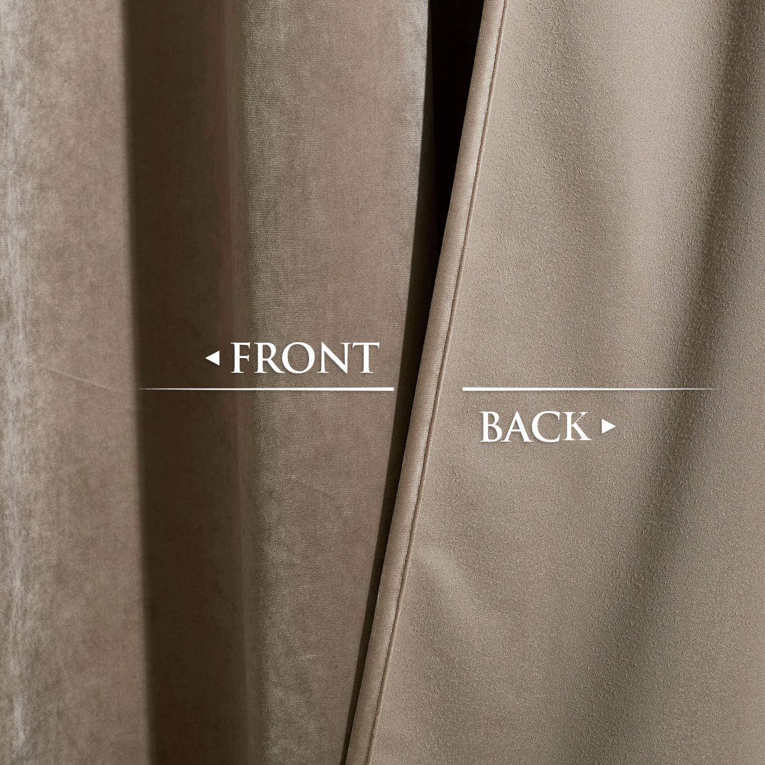 Front and back detail of a beige velvet blackout curtain, showcasing the soft, plush texture and the smooth, light-blocking lining.