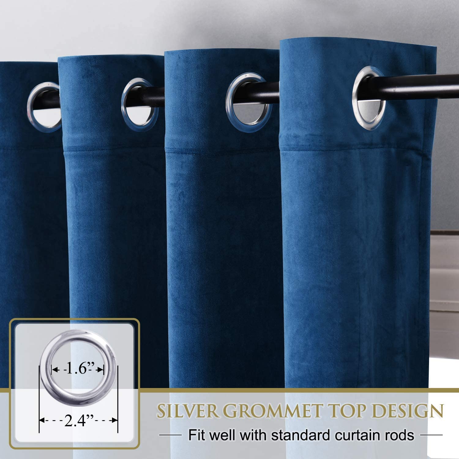 Close-up of deep blue velvet blackout curtains with silver grommets, showcasing the grommet top design and size for standard rods.