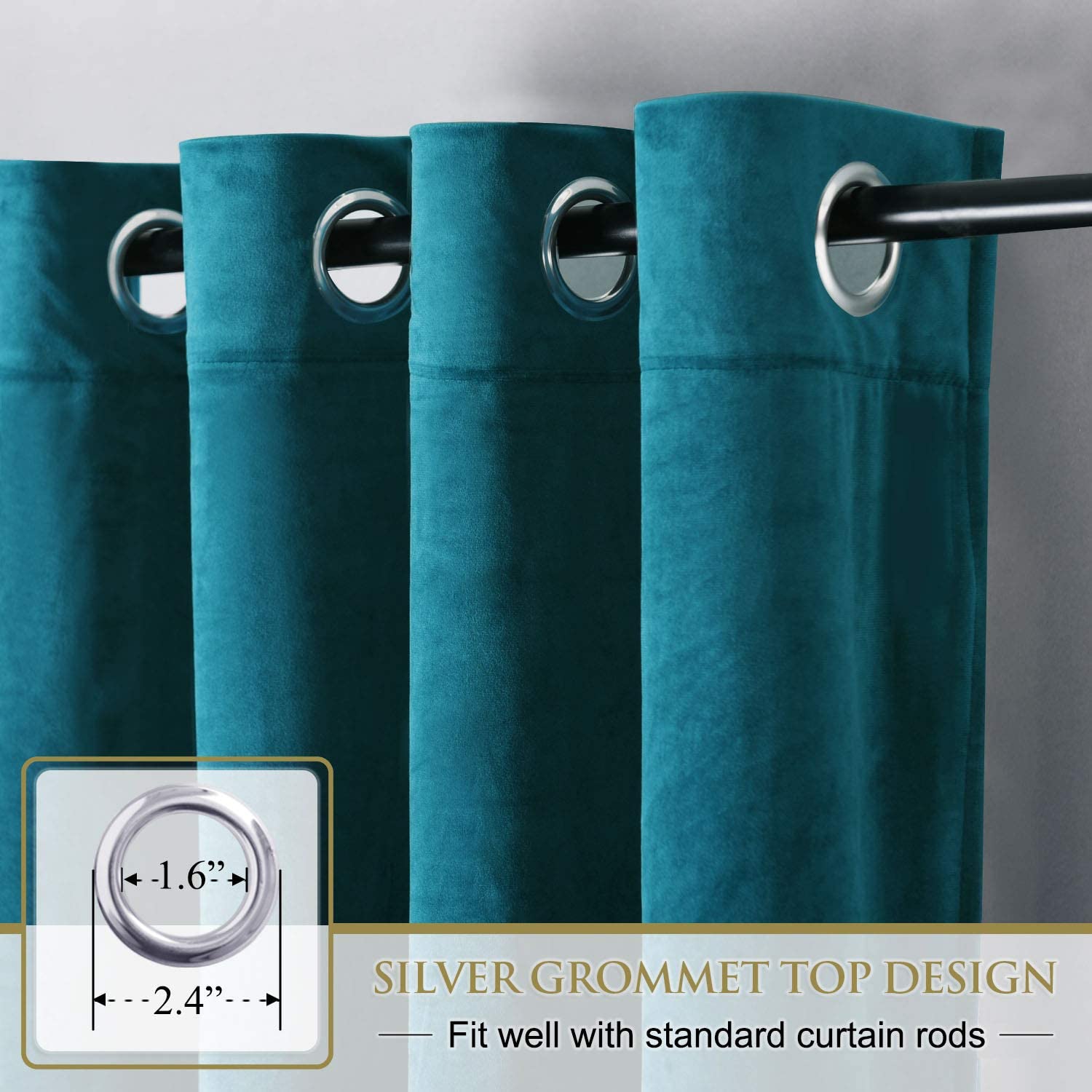 Close-up of rich dark teal velvet blackout curtains featuring modern silver grommet top design, for easy installation in living rooms or bedrooms.