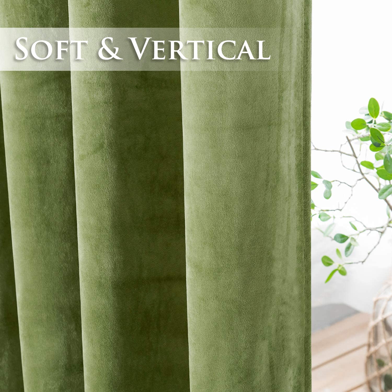 Close-up of soft green velvet blackout curtain, showcasing its rich texture and elegant vertical folds, ideal for living room or bedroom.