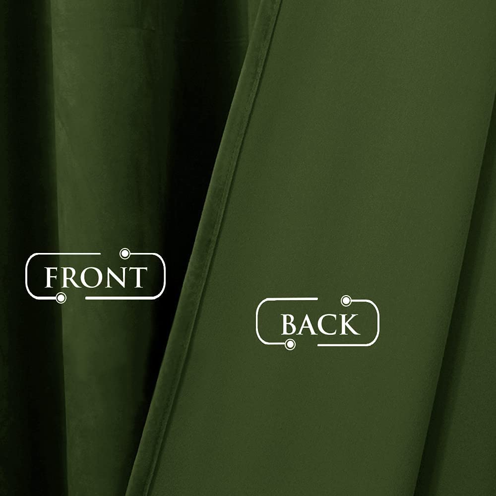 Close-up of plush dark green velvet blackout curtain fabric, showing the luxurious front texture and dense, light-blocking back for bedroom or living room.
