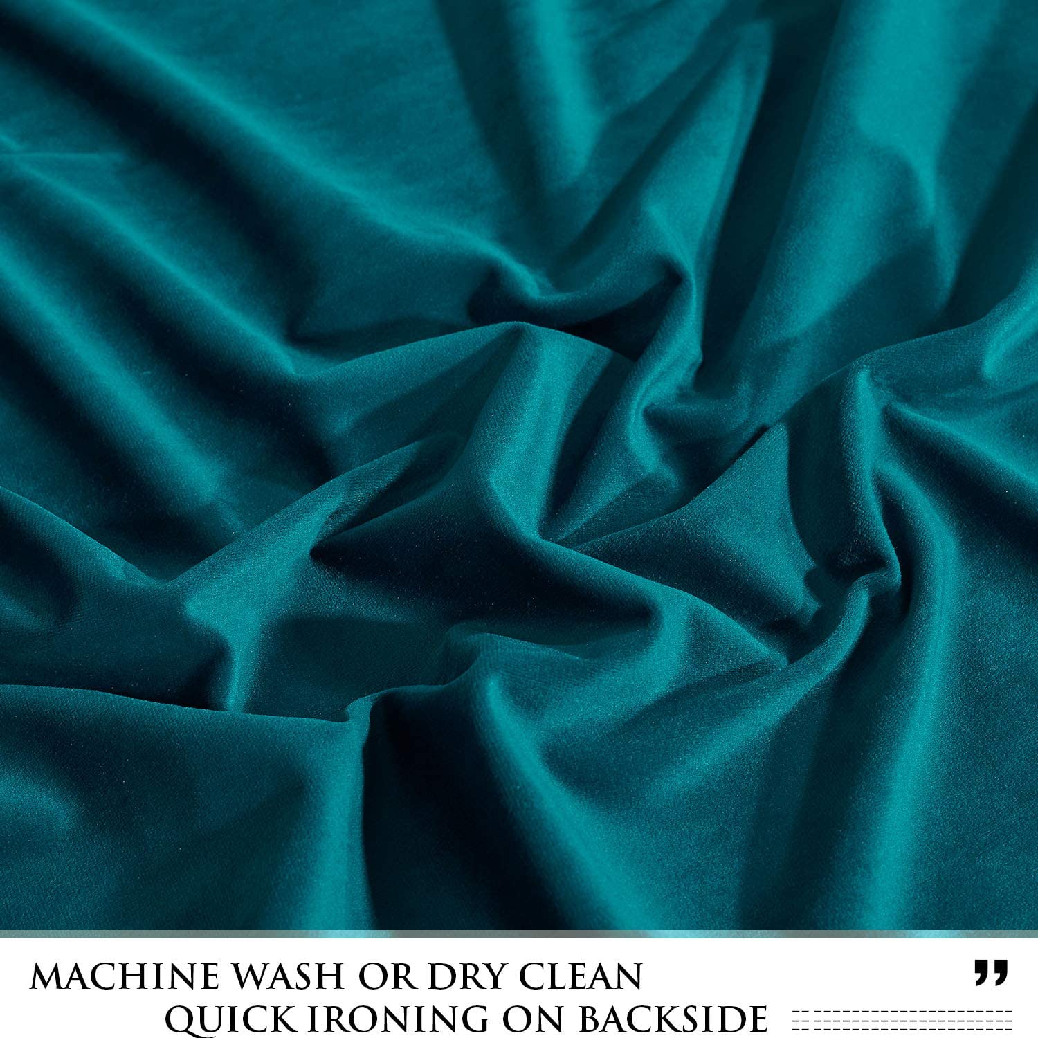 Close-up of rich teal velvet blackout curtain fabric with soft folds, showing its plush texture for living room or bedroom.