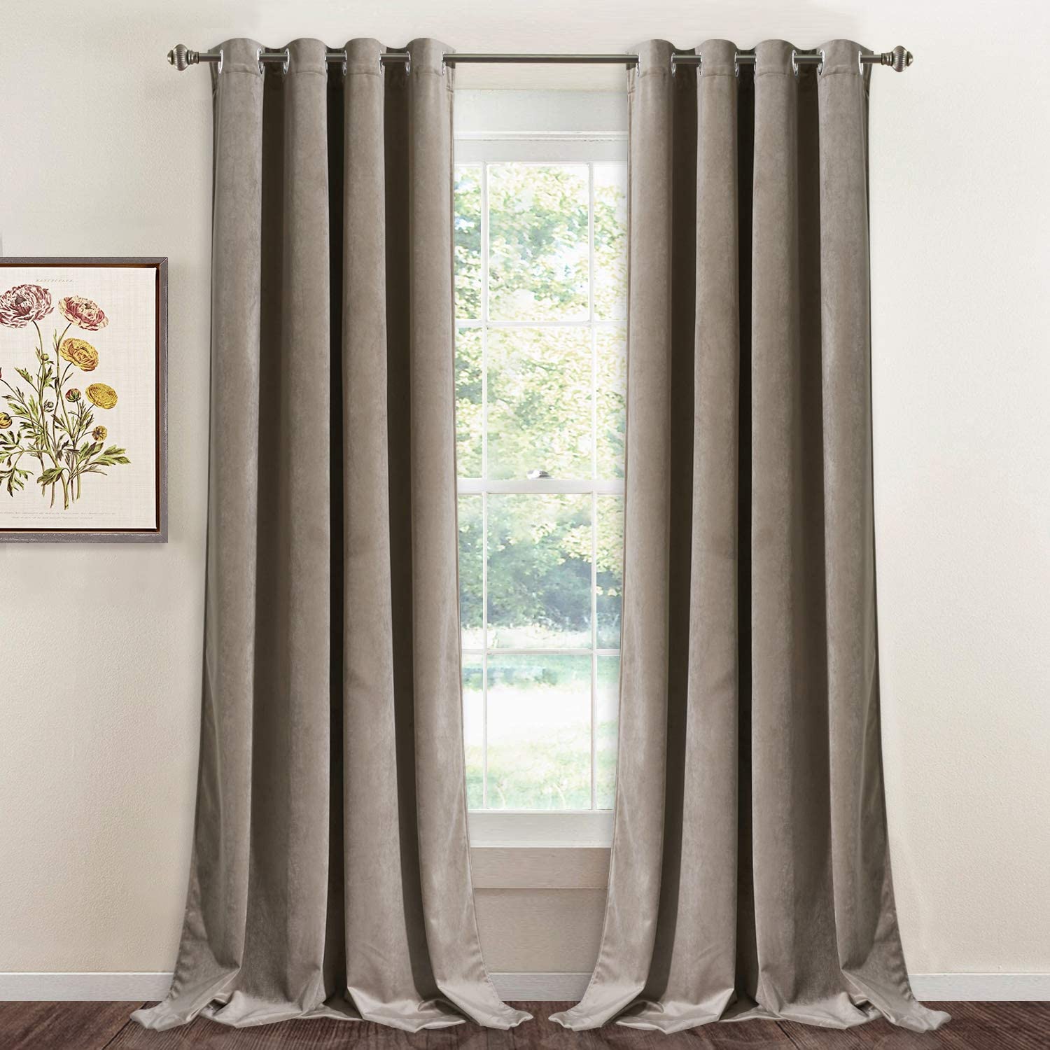 Soft silver grommet velvet blackout curtains (2 panels) with plush texture, fully drawn for optimal room darkening in living room or bedroom.
