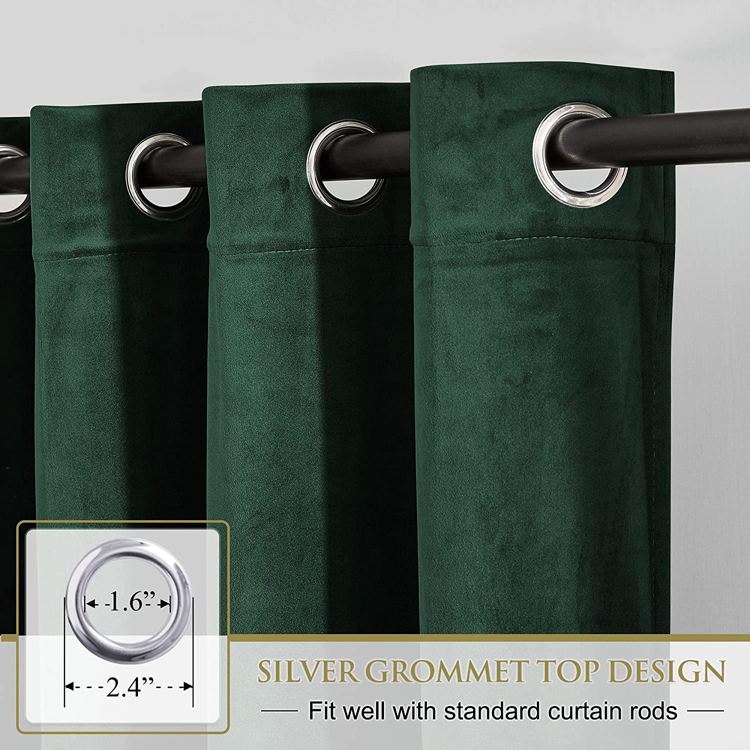 Close-up of dark green velvet blackout curtain with silver grommet top on a rod. Inset highlights 1.6" inner diameter.