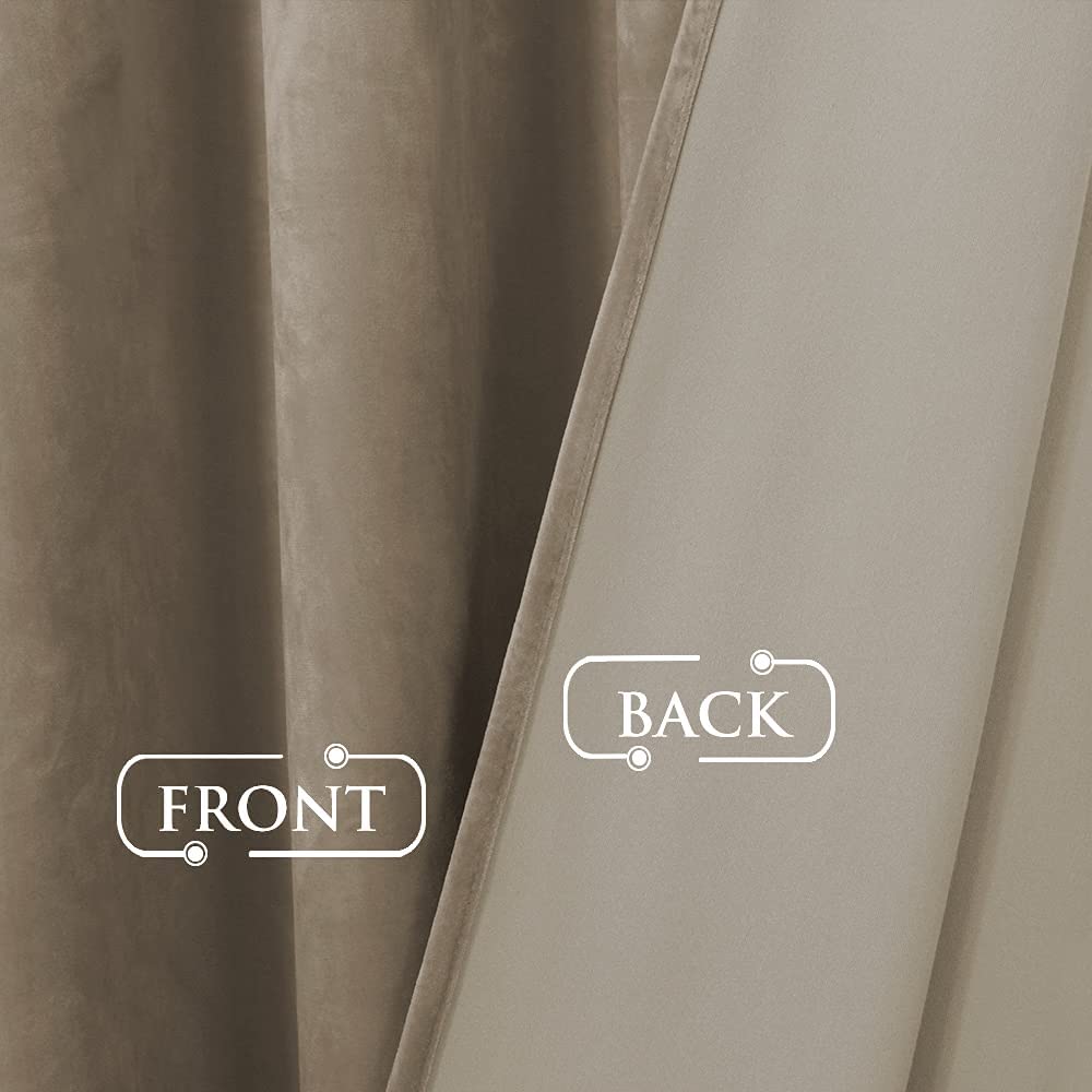 Close-up of a beige velvet blackout curtain, showing the plush velvet front texture and the smooth, opaque light-blocking back layer.