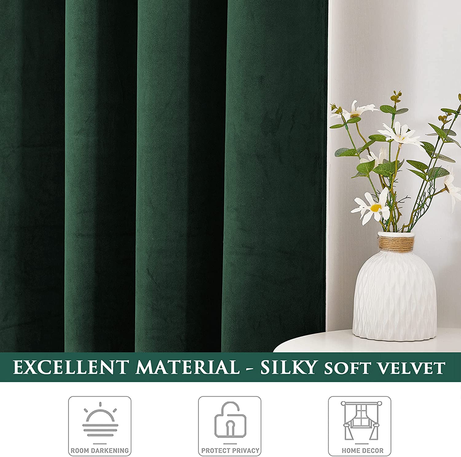 Luxurious dark green silky velvet blackout curtains providing room darkening & privacy for stylish living room or bedroom home decor.