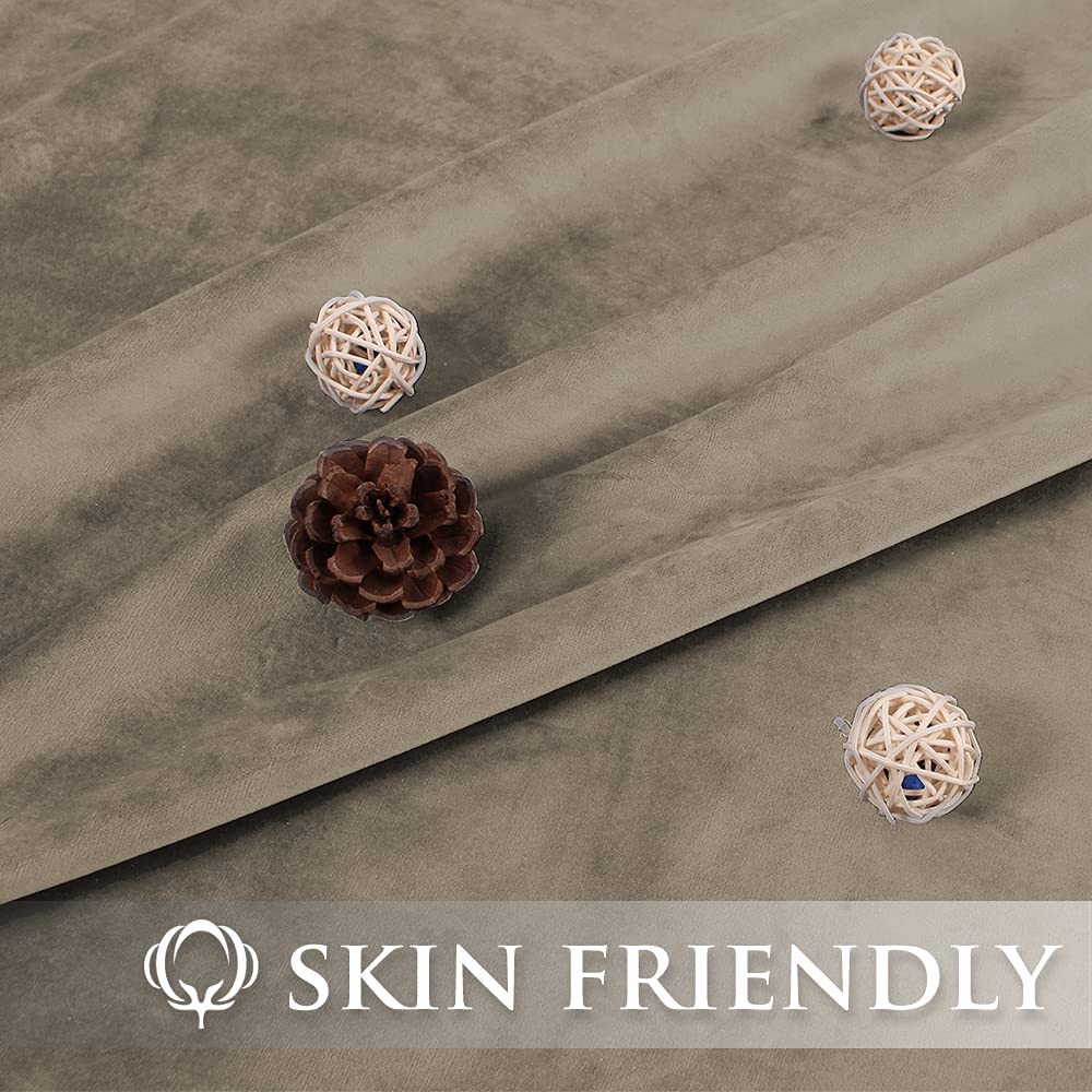 Skin-friendly light taupe velvet fabric detail for blackout curtains, highlighting its luxurious, soft texture & elegant drape.
