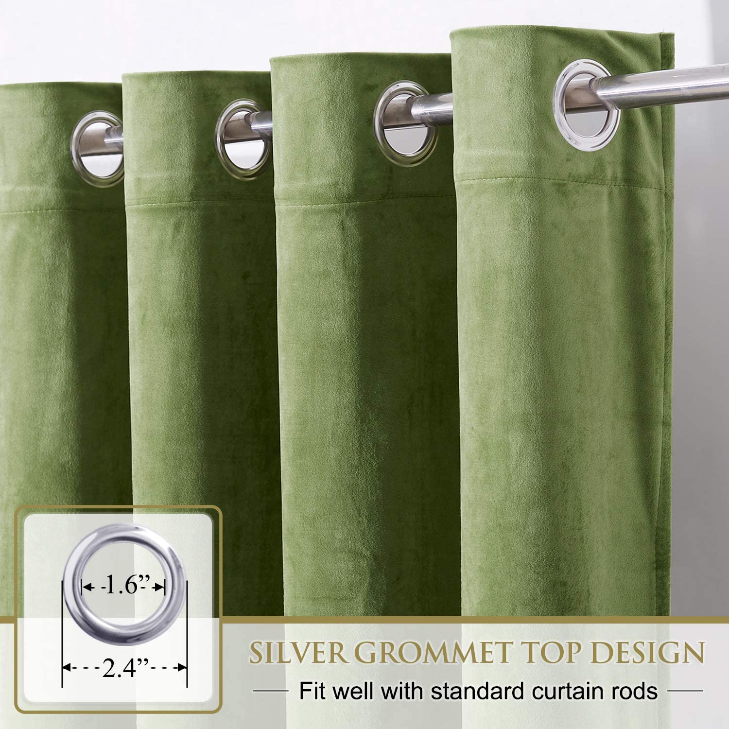 Close-up of plush olive green velvet blackout curtains with a detailed silver grommet top design for standard curtain rods.