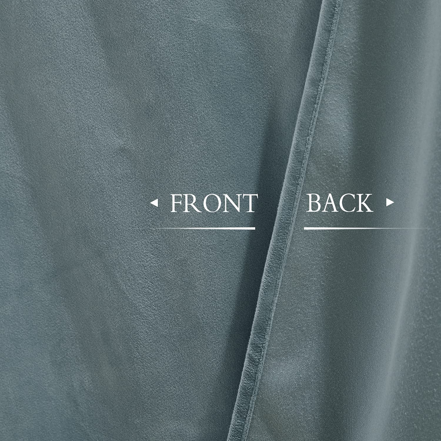 Detail view of plush velvet front and light-blocking back fabric of blackout curtain panel for living room or bedroom.