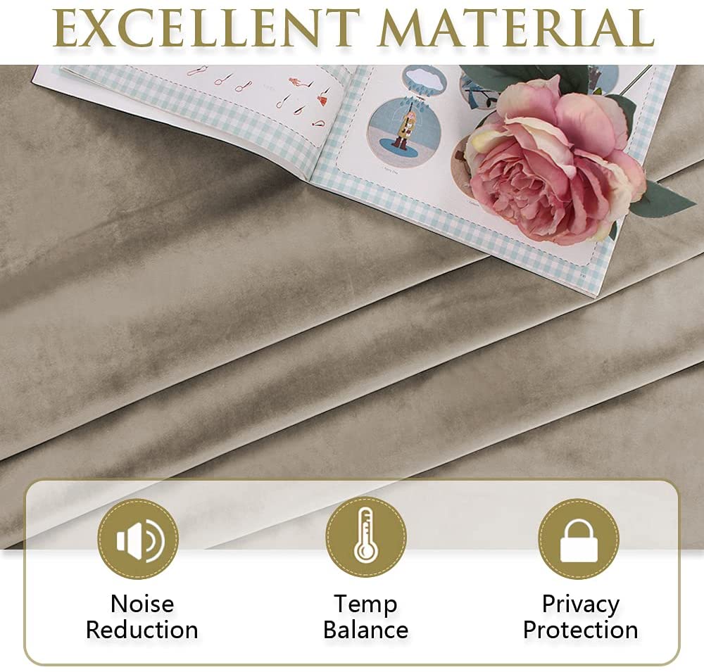Close-up of beige velvet blackout curtain fabric, showcasing noise reduction, temperature balance, and privacy protection features.