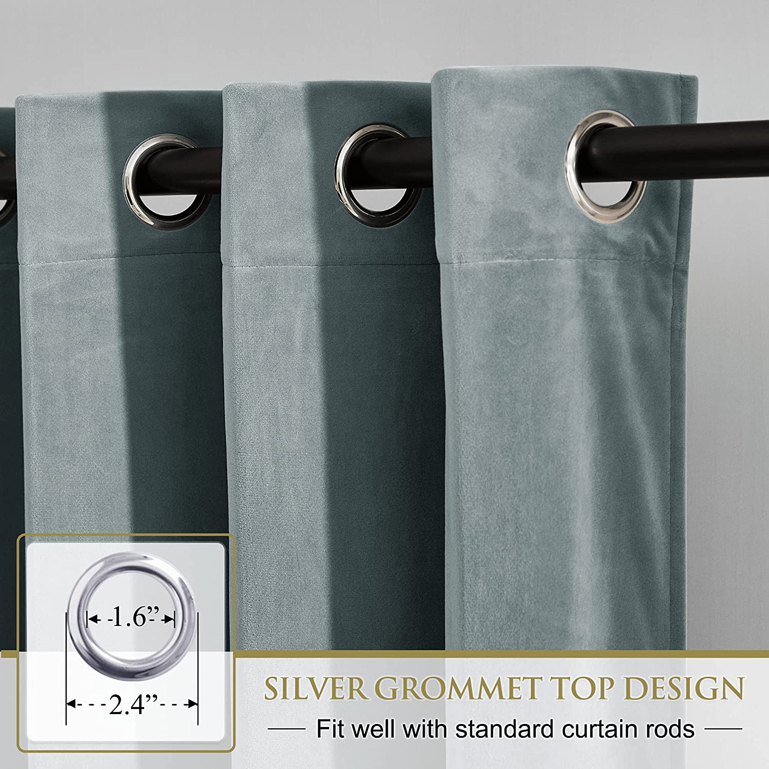 Close-up of light blue velvet blackout curtains with silver grommet top design, fitting a standard curtain rod. Inset shows grommet dimensions.
