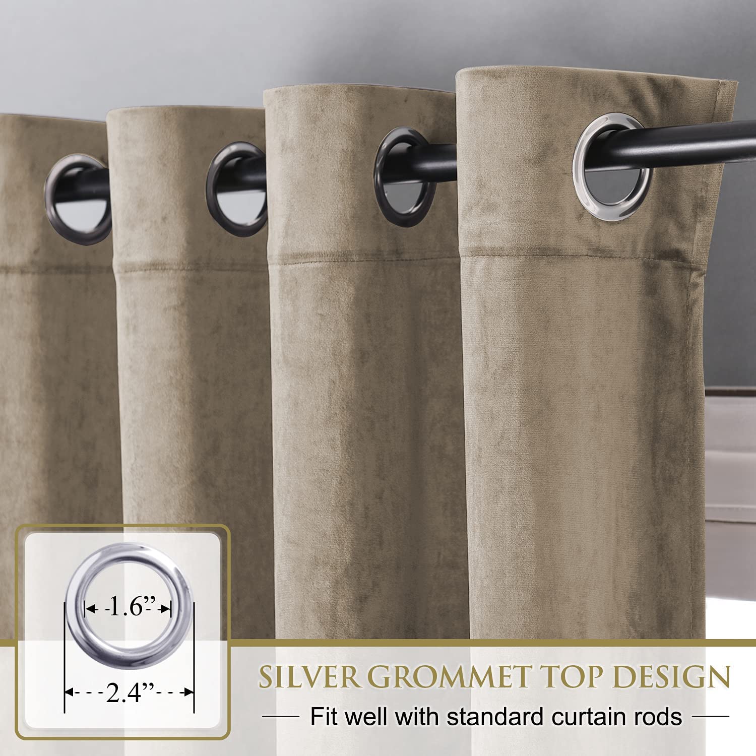Silver grommet detail on plush velvet blackout curtains, ideal for living room and bedroom, designed to fit standard curtain rods.