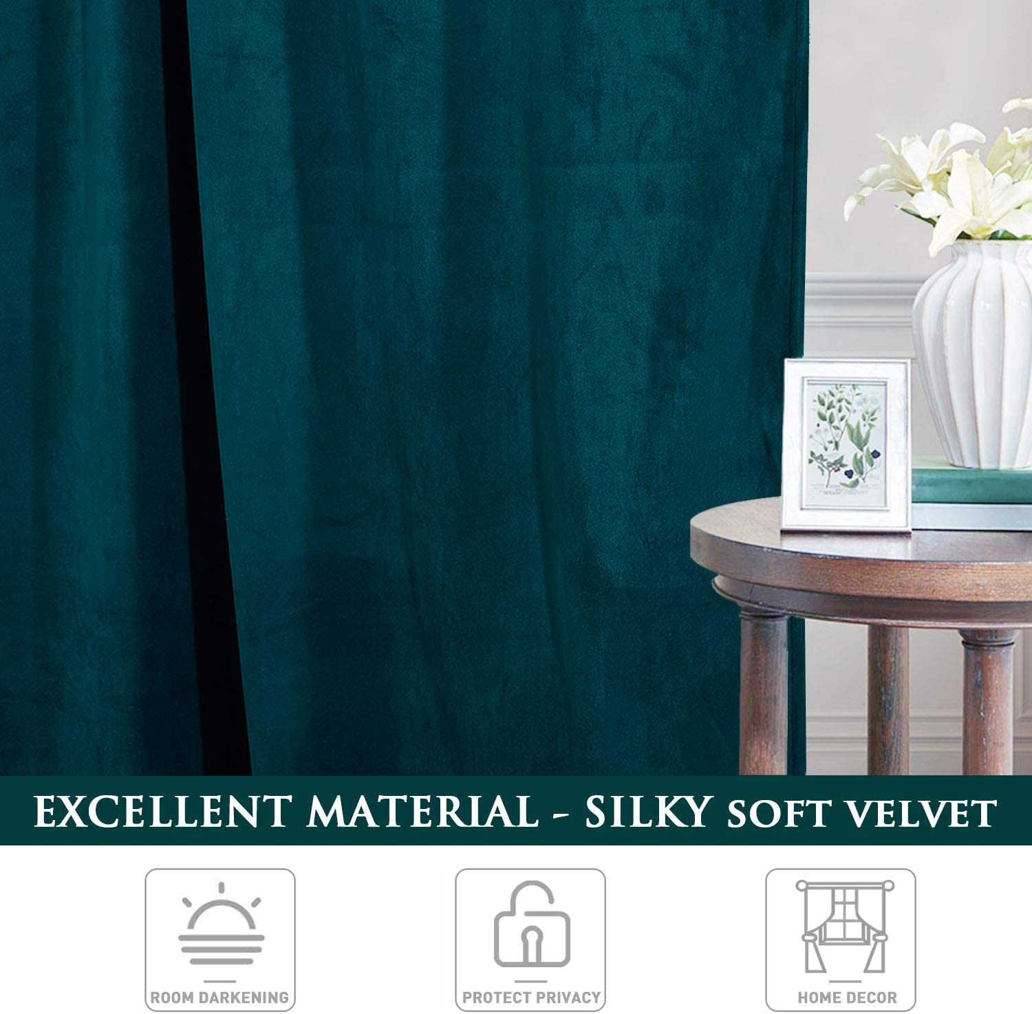 Luxurious deep green velvet blackout curtain for living room or bedroom, showcasing its silky-soft texture and elegant drape.