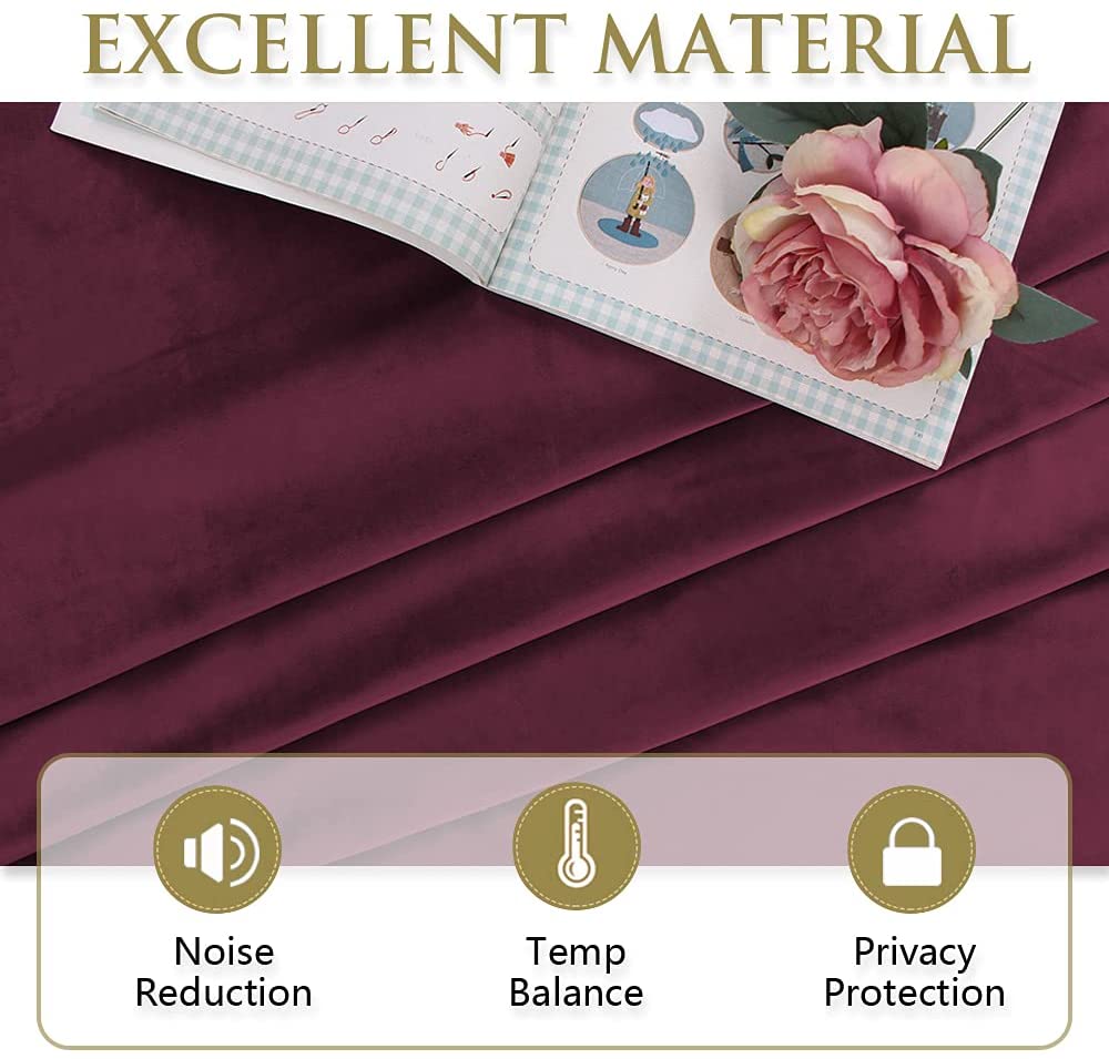 Close-up of lush burgundy velvet blackout curtain material, highlighting noise reduction, temperature balance, and privacy.