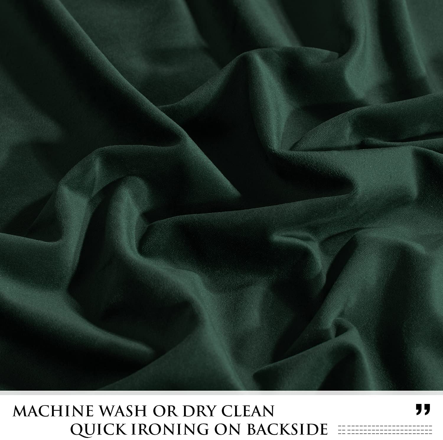 Detailed close-up of plush, deep green velvet blackout curtain fabric, highlighting its luxurious texture for living room & bedroom.
