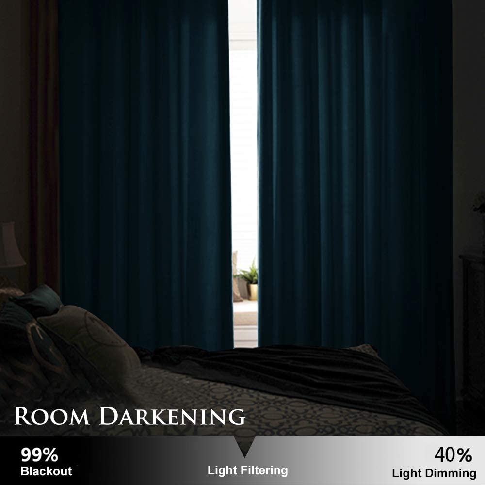 Two dark teal velvet blackout curtains with silver grommets partially closed in a bedroom, demonstrating room darkening.