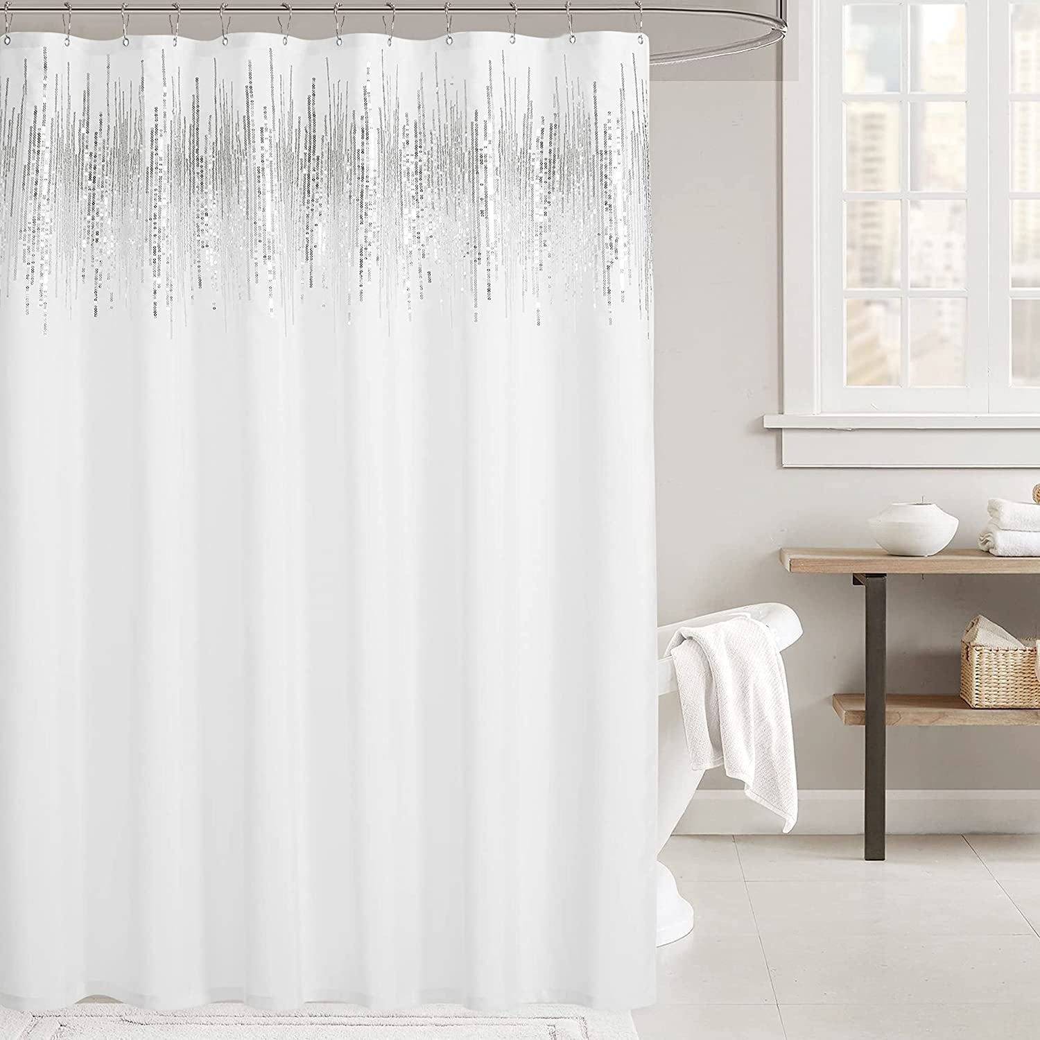 Silver Sequins Shower Curtain With Hooks 1 Panel KGORGE Store