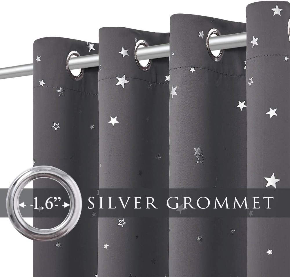 Silver Star Print Grommet Blackout Curtains For Living Room And Bedroom 2 Panels KGORGE Store