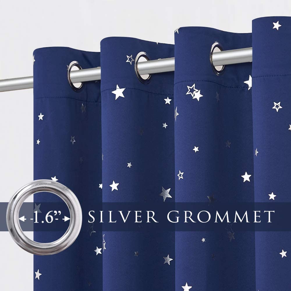 Silver Star Print Grommet Blackout Curtains For Living Room And Bedroom 2 Panels KGORGE Store