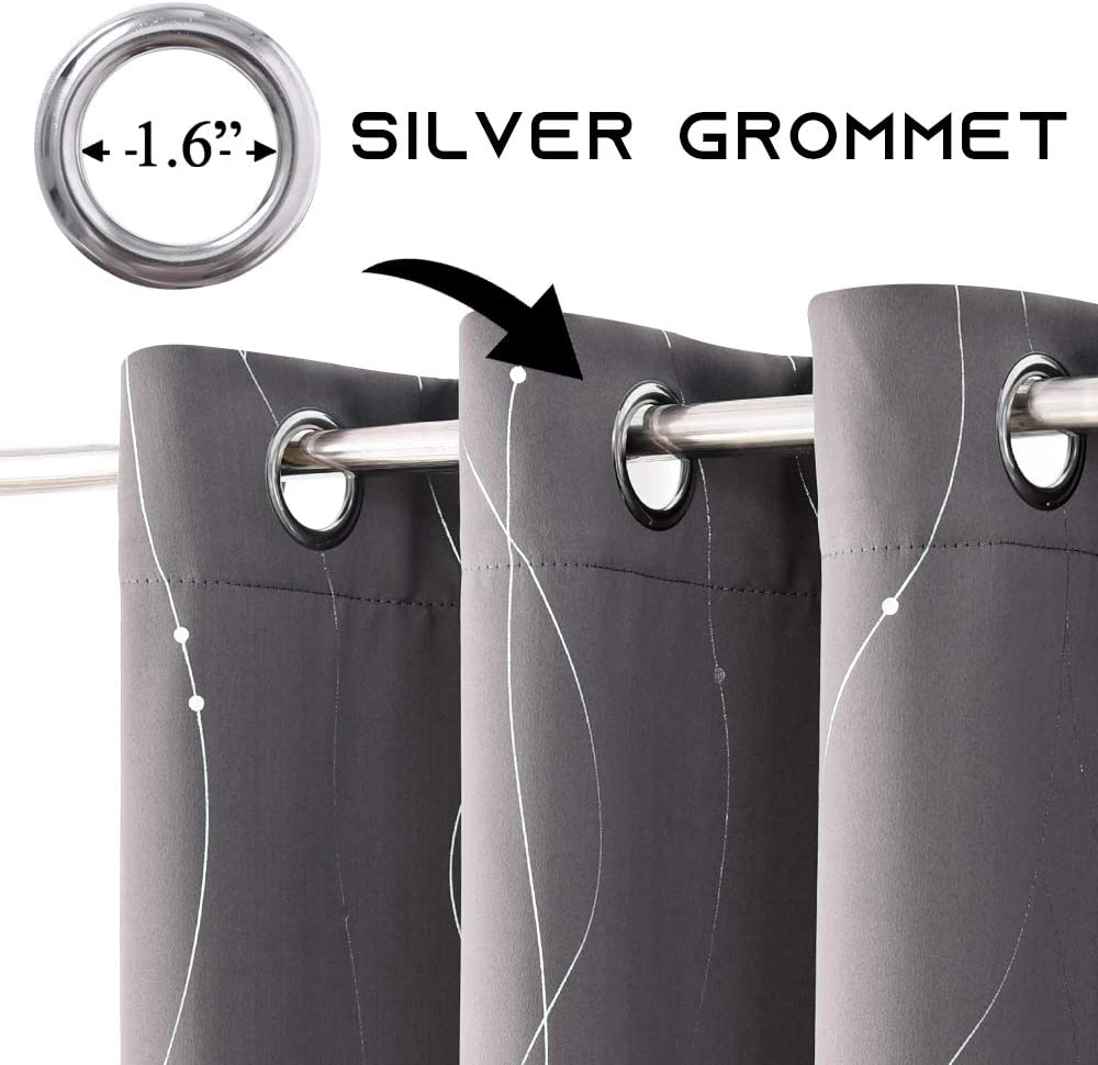 Silver Wave And Dots Printed Silver Grommet Noise Cancelling Blackout Curtains For Living Room And Bedroom 2 Panels KGORGE Store