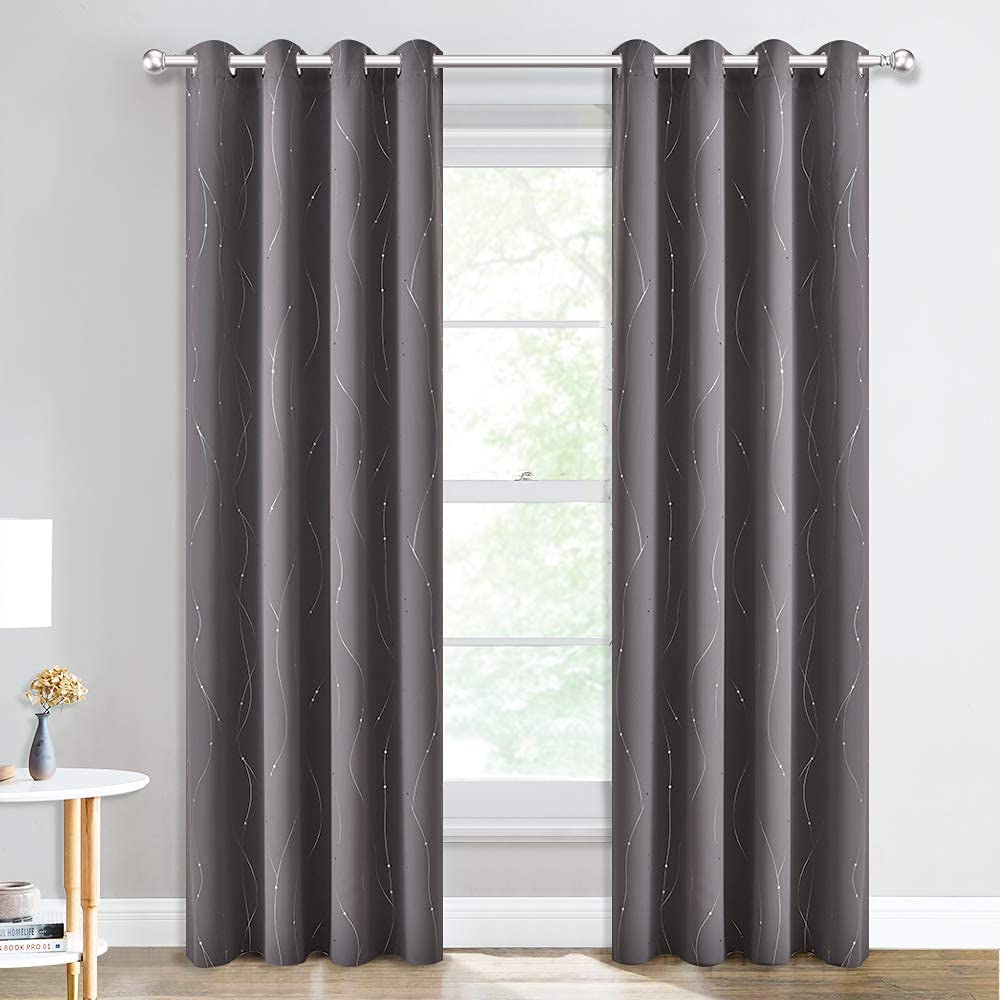 Silver Wave And Dots Printed Silver Grommet Noise Cancelling Blackout Curtains For Living Room And Bedroom 2 Panels KGORGE Store