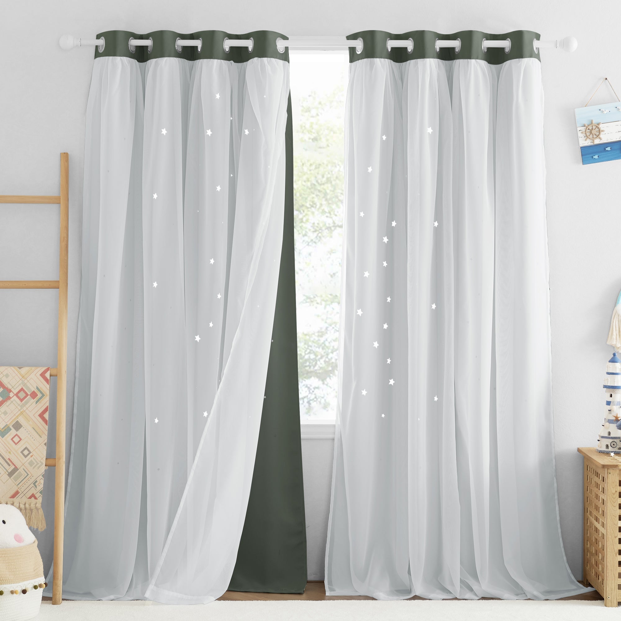 Star Cut Out Blackout Curtain With Sheer Voile Curtain Overlay  2 Panels KGORGE Store