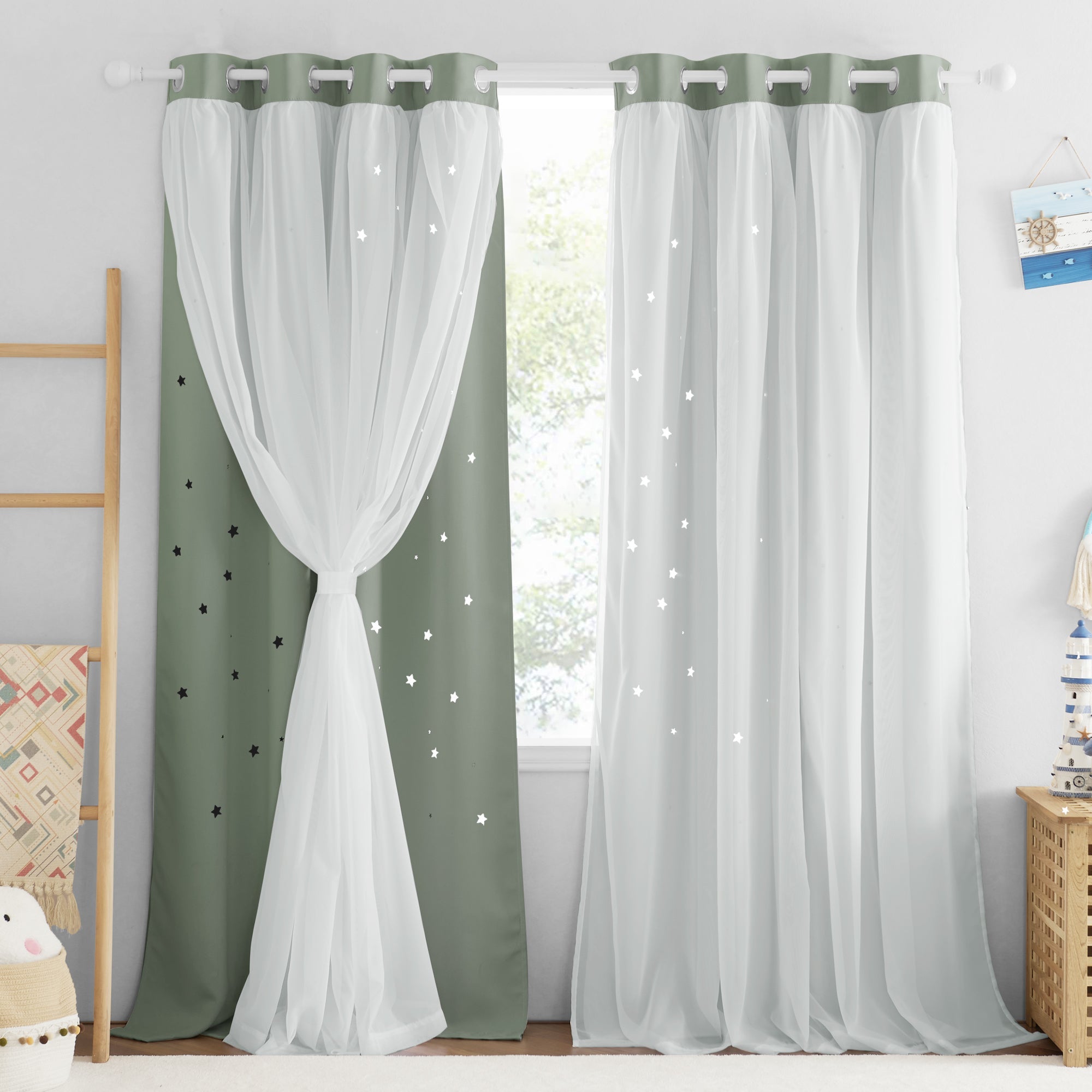 Star Cut Out Blackout Curtain With Sheer Voile Curtain Overlay  2 Panels KGORGE Store