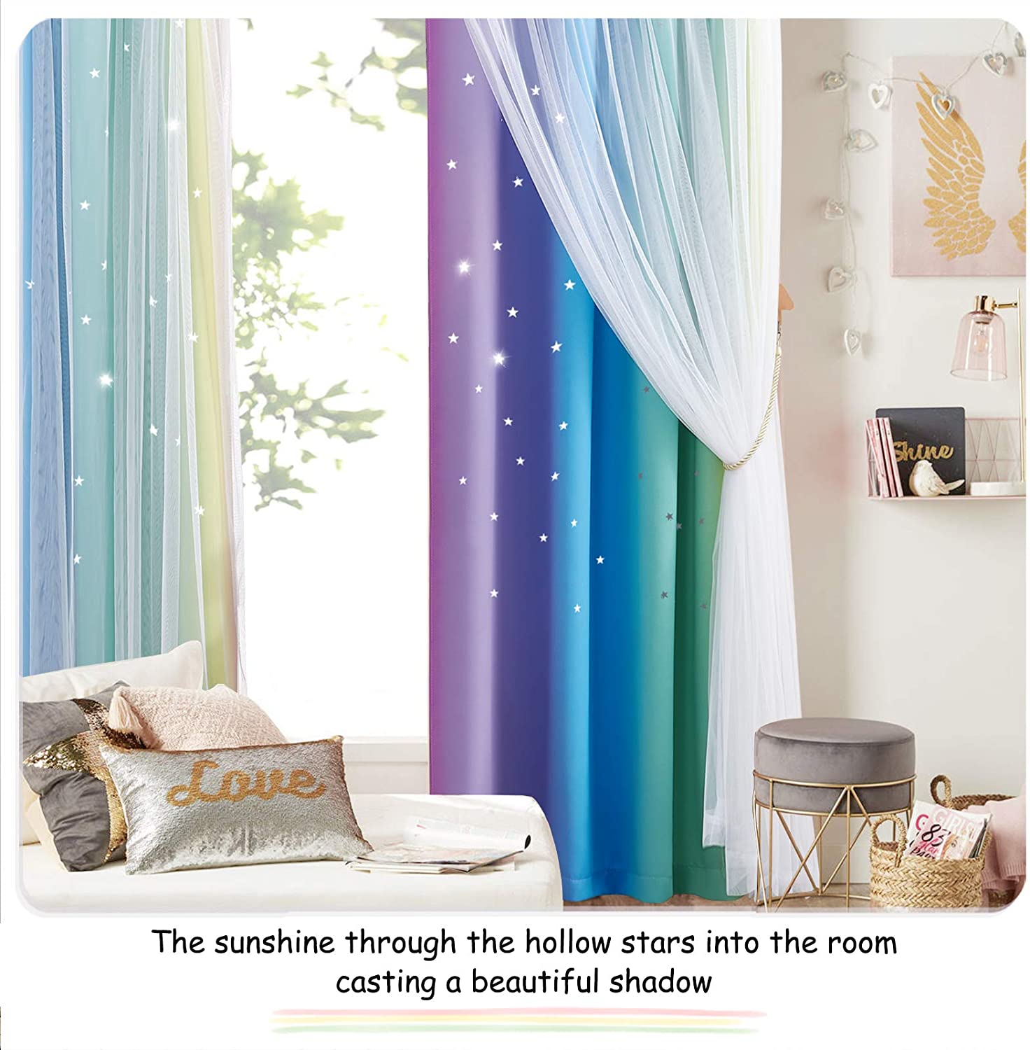 Star Cut Out Blackout Curtains With Sheer Curtain Overlay 1 Panel KGORGE Store